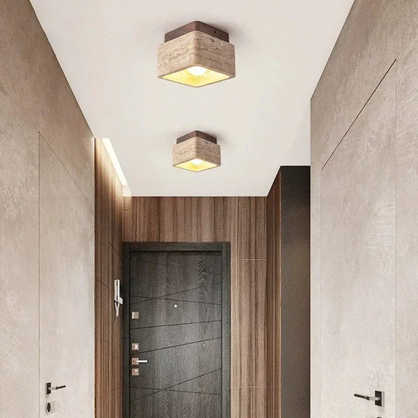 Travertin Plafondlamp Vierkant – Hout & Steen LED E27 Japanse Stijl