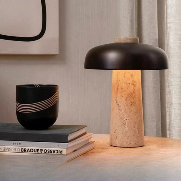 Travertin Paddenstoel Tafellamp – Wabi-Sabi Designer LED Bedlamp
