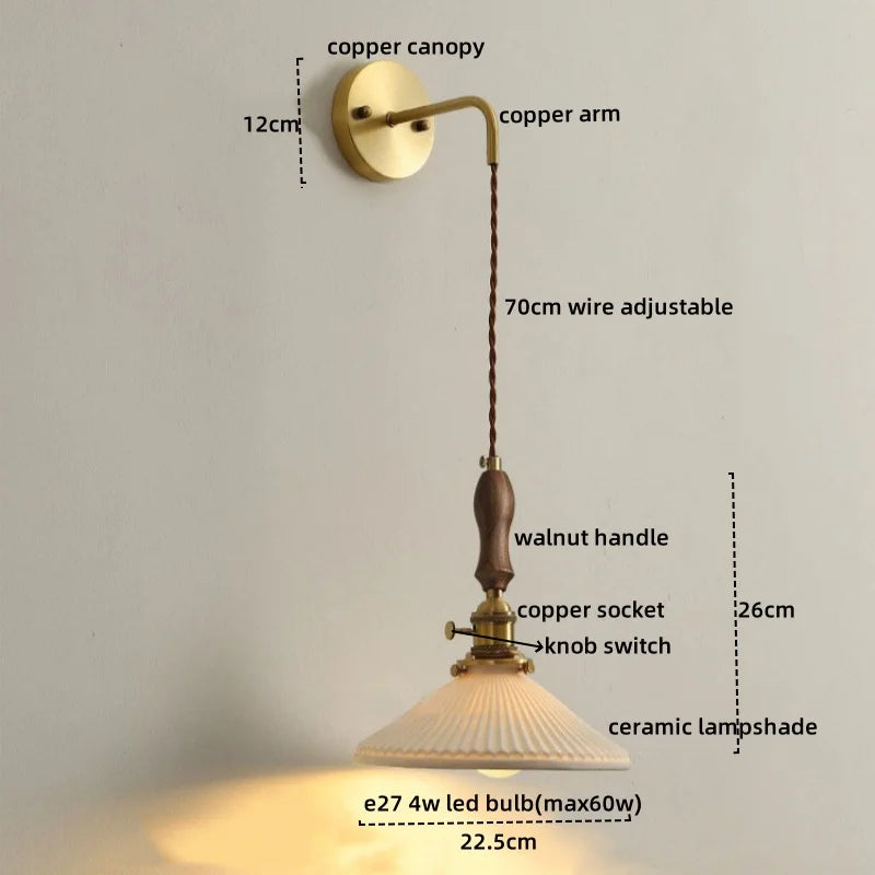 Nordic LED Wandlamp Keramiek & Koper met Walnoot Handvat