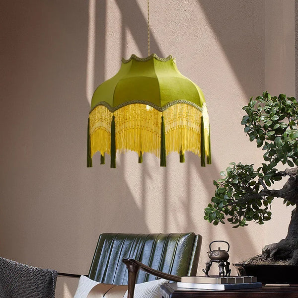 French Retro LED Hanglamp Groen – Koperen Stoffen Kwast Chandelier