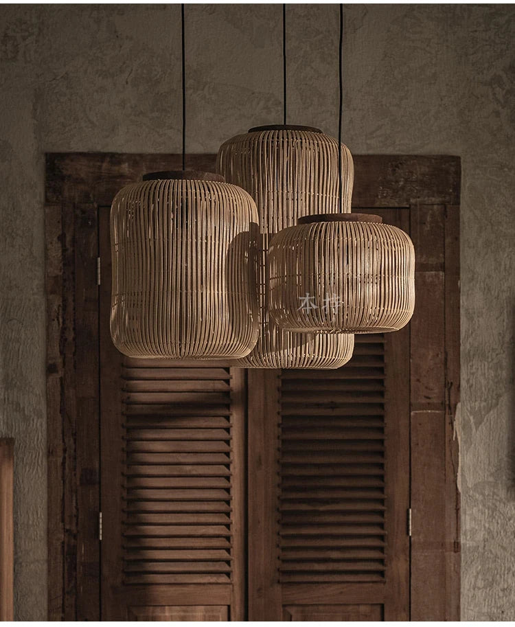 Japanse Rieten Hanglamp Wabi-Sabi Handgeweven E27 Voor Woonkamer