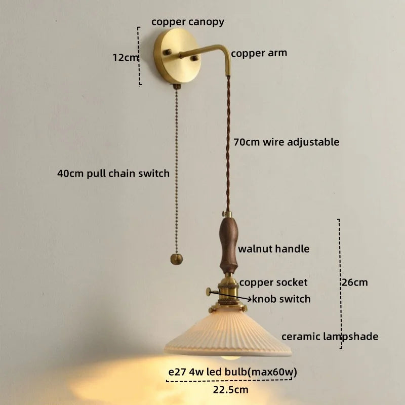 Nordic LED Wandlamp Keramiek & Koper met Walnoot Handvat