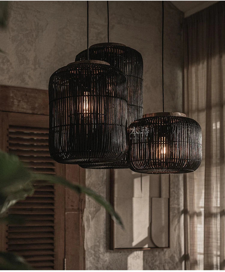 Japanse Rieten Hanglamp Wabi-Sabi Handgeweven E27 Voor Woonkamer