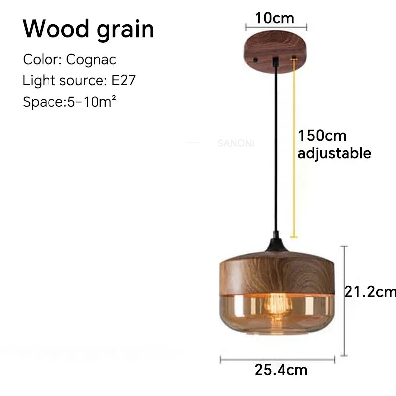 Nordic LED Hanglamp Glas & Hout – Moderne Plafondlamp E27