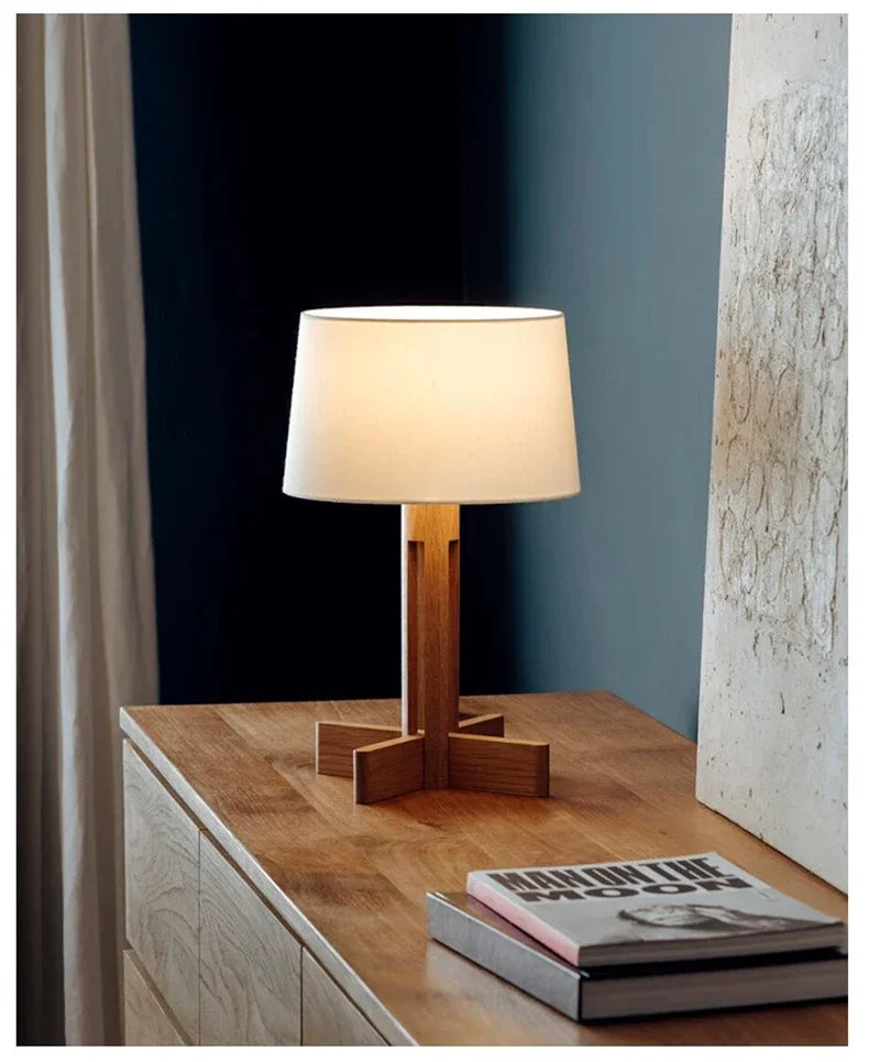 Vintage Wabi Sabi Houten Vloerlamp LED – Stoffen Kap voor Woonkamer
