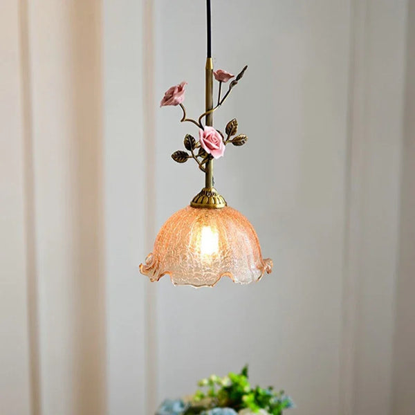 Vintage Franse Rozen Hanglamp – Massief Koper & Glas E27 LED