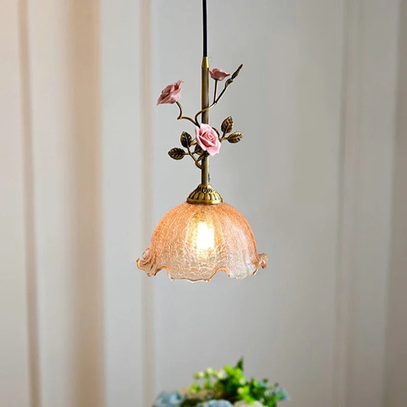 Vintage Franse Rozen Hanglamp – Massief Koper & Glas E27 LED