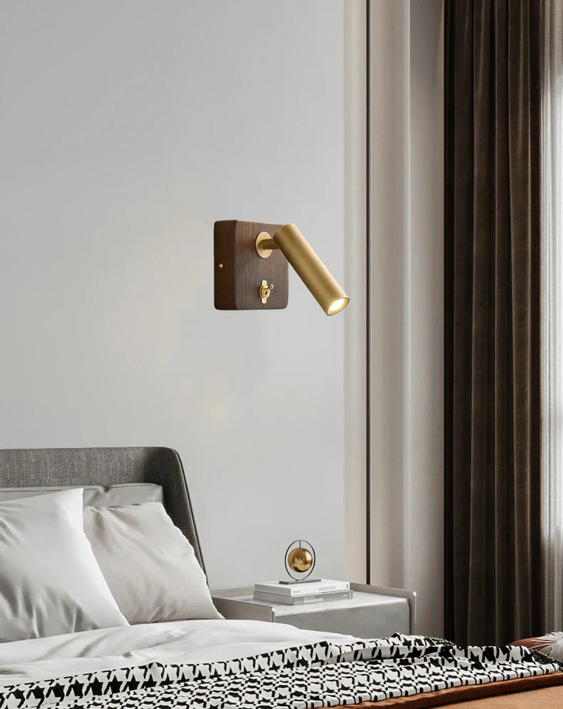 Wandlamp met Schakelaar – Hout & Messing, Goud/Zilver, E27 LED