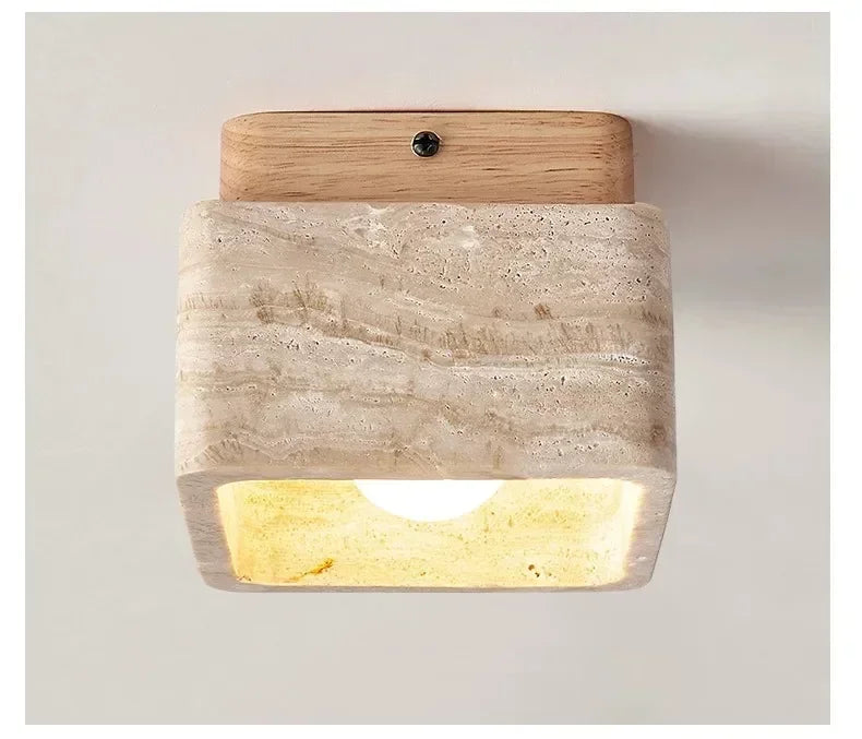 Travertin Plafondlamp Vierkant – Hout & Steen LED E27 Japanse Stijl