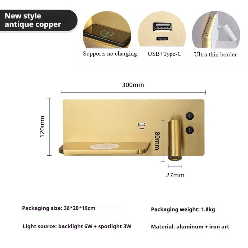 Multifunctionele Wandlamp – LED, USB & Draadloze Oplader, Zwart/Goud/Wit