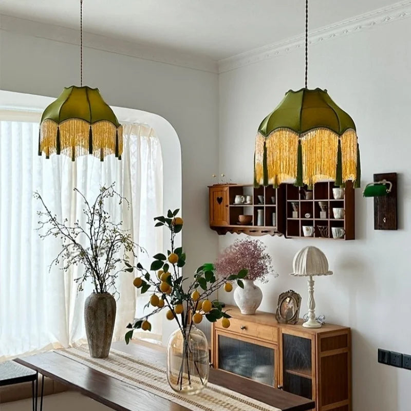 LED Hanglamp Groen Stoffen Kwast – Vintage Voor Woonkamer & Café
