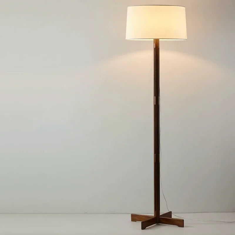 Vintage Wabi Sabi Houten Vloerlamp LED – Stoffen Kap voor Woonkamer