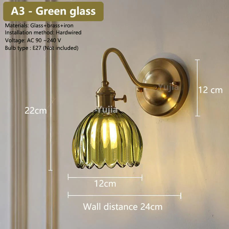 Japanse Retro Bloem Glazen Wandlamp E27 LED Bedlamp Modern Nordic