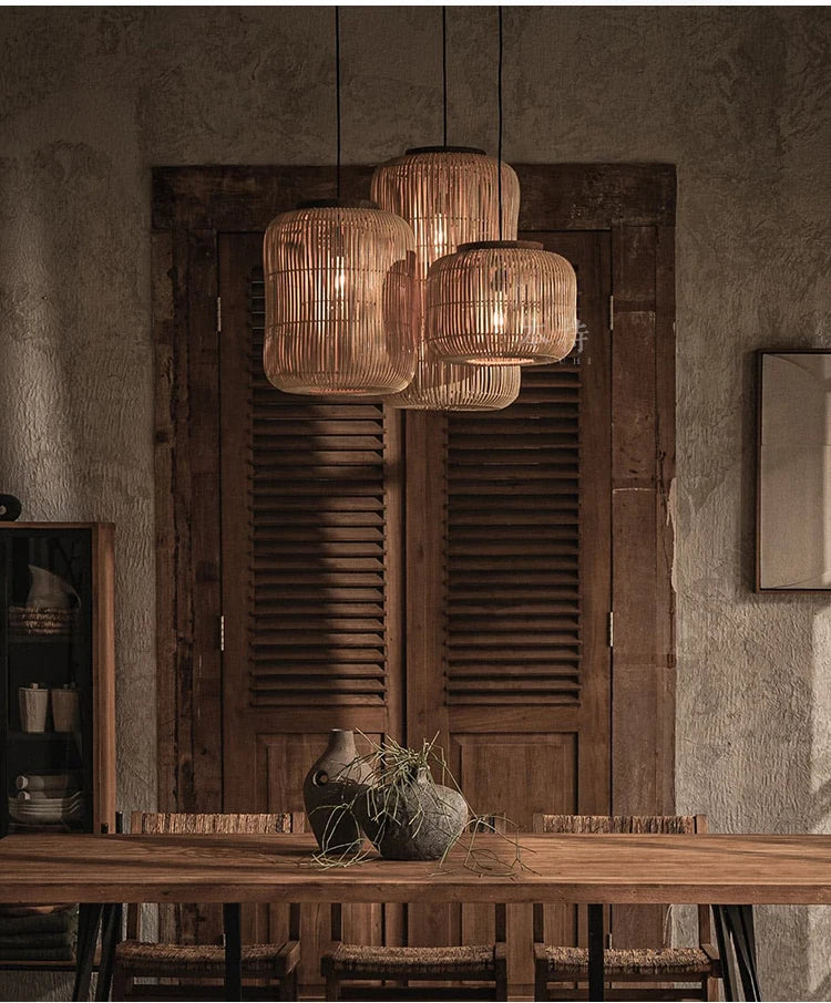 Japanse Rieten Hanglamp Wabi-Sabi Handgeweven E27 Voor Woonkamer