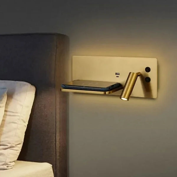 Multifunctionele Wandlamp – LED, USB & Draadloze Oplader, Zwart/Goud/Wit