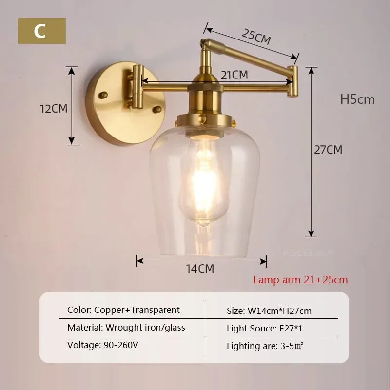 Retro Glazen Wandlamp E27 LED Moderne Leeslamp Met Verstelbare Arm