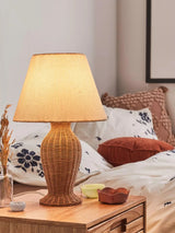 Japanse Rotan Tafellamp met Stoffen Kap – LED Bedlampje E27