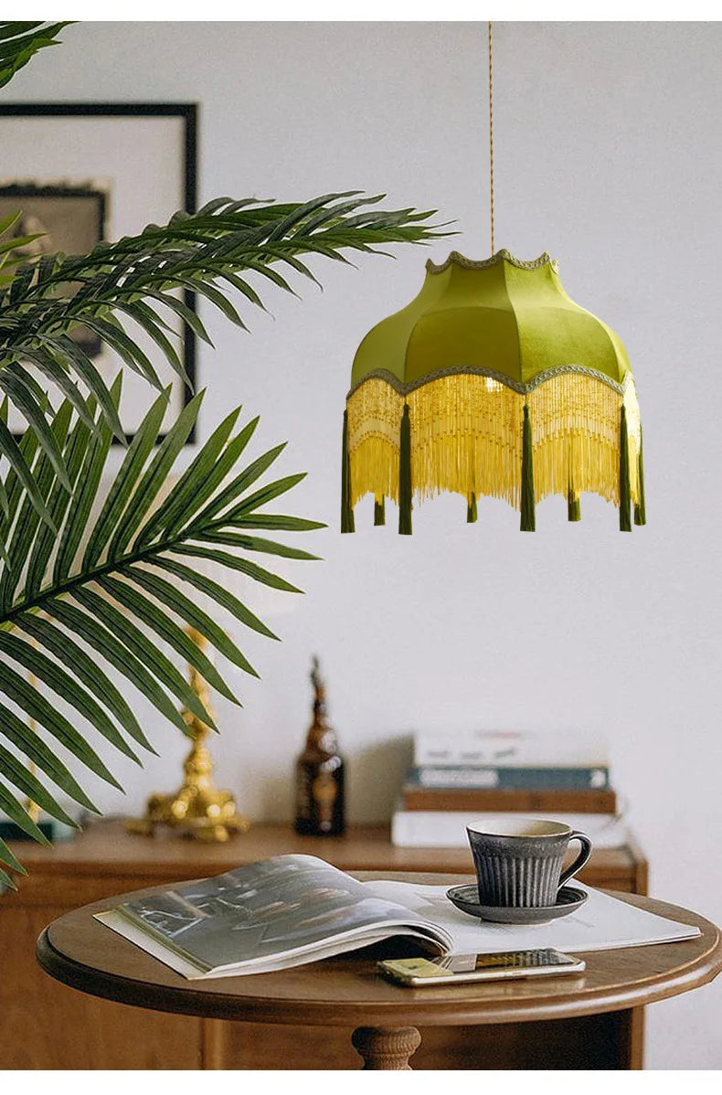 French Retro LED Hanglamp Groen – Koperen Stoffen Kwast Chandelier