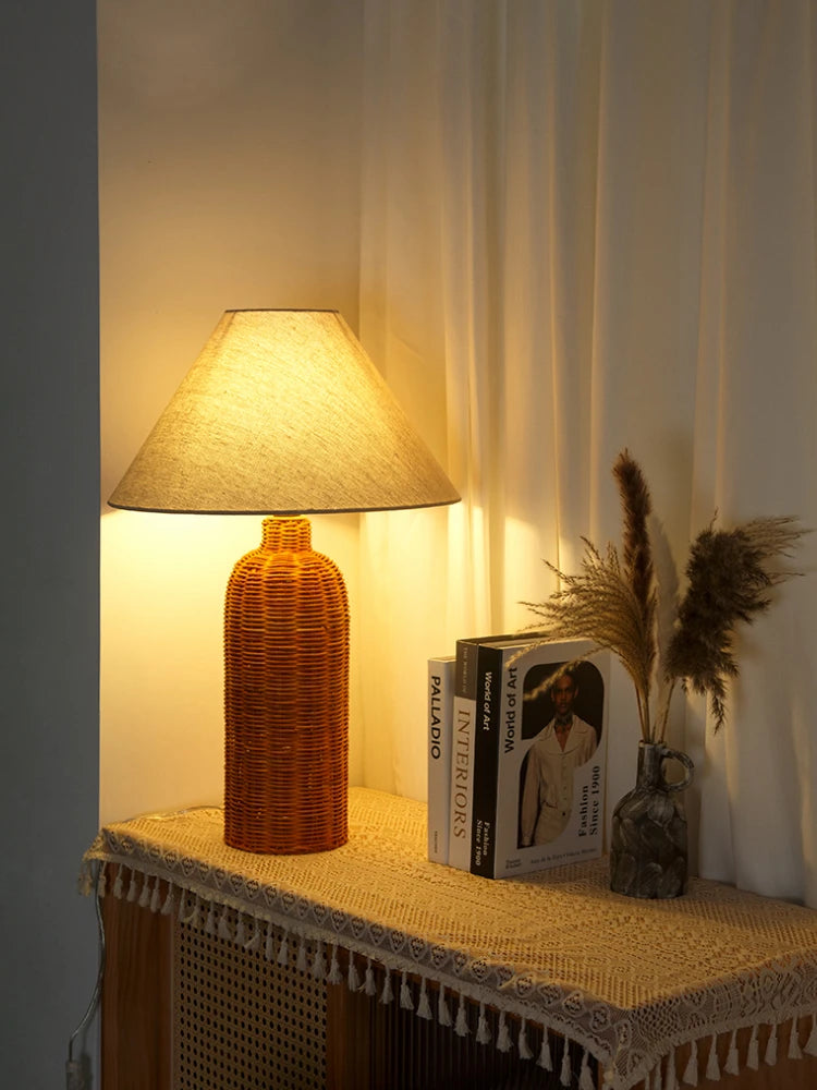 Japanse Rotan Tafellamp met Stoffen Kap – LED Bedlampje E27