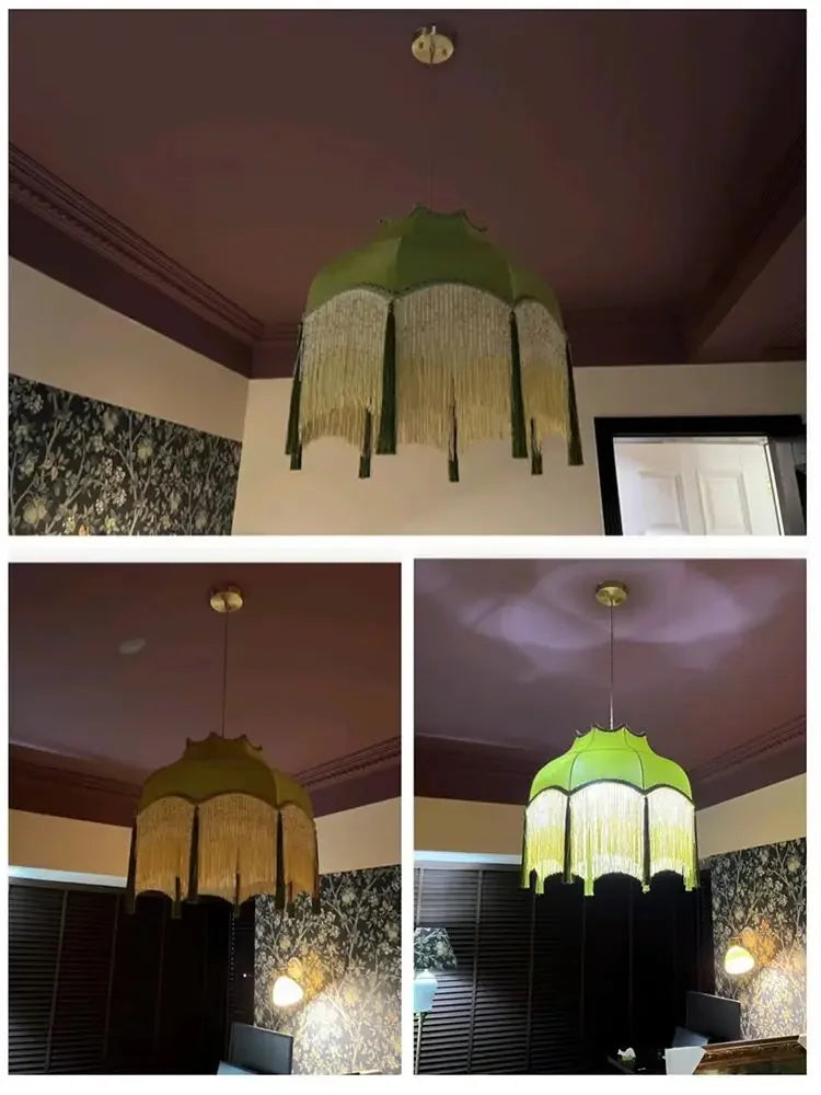 French Retro LED Hanglamp Groen – Koperen Stoffen Kwast Chandelier