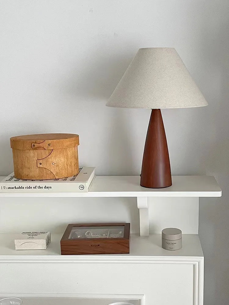 Retro Tafellamp Massief Hout met Stoffen Kap – Dimbaar – E27