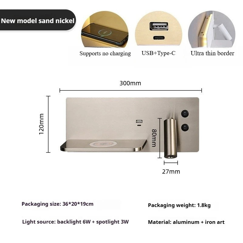 Multifunctionele Wandlamp – LED, USB & Draadloze Oplader, Zwart/Goud/Wit