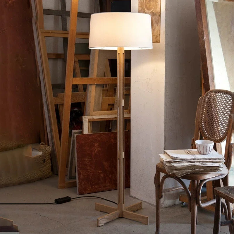 Vintage Wabi Sabi Houten Vloerlamp LED – Stoffen Kap voor Woonkamer