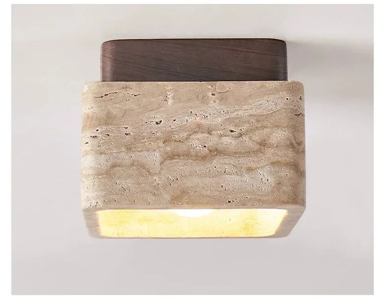 Travertin Plafondlamp Vierkant – Hout & Steen LED E27 Japanse Stijl