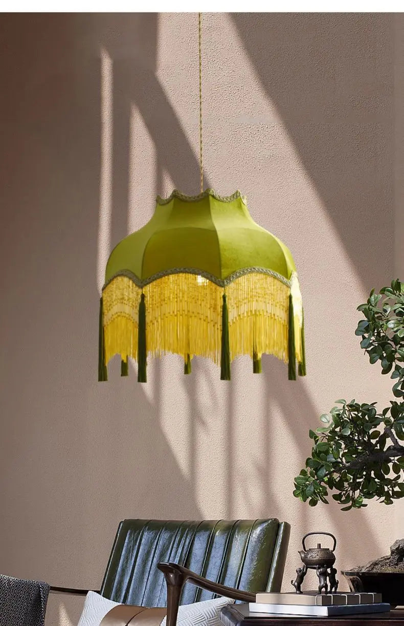 French Retro LED Hanglamp Groen – Koperen Stoffen Kwast Chandelier
