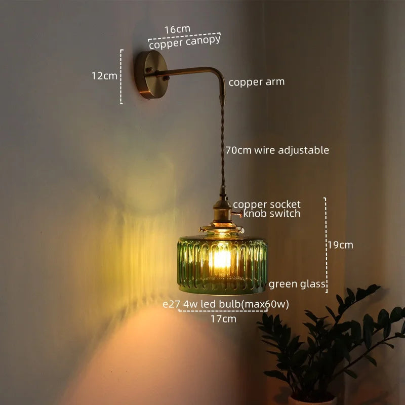 Groene Glas & Koper LED Wandlamp – Vintage Retro Wandverlichting E27