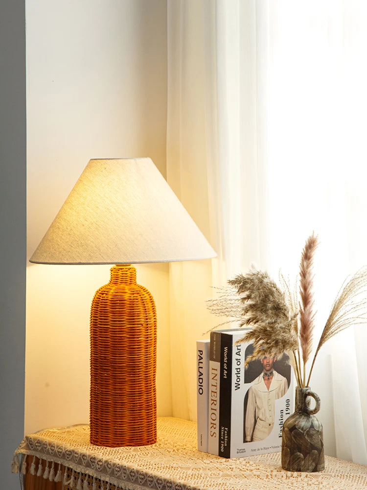Japanse Rotan Tafellamp met Stoffen Kap – LED Bedlampje E27
