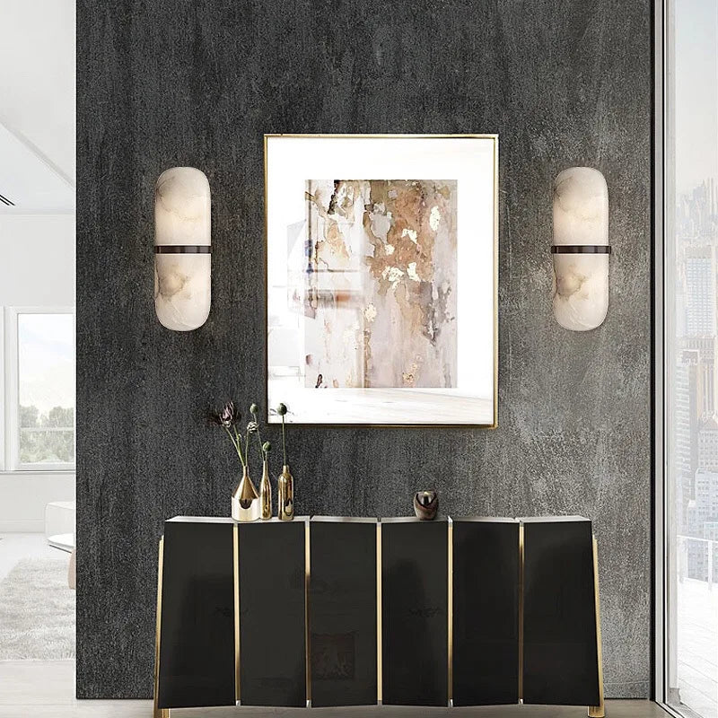 Marmeren Wandlamp – Luxe LED Sconce met Messing/Goud Afwerking