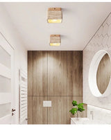 Travertin Plafondlamp Vierkant – Hout & Steen LED E27 Japanse Stijl