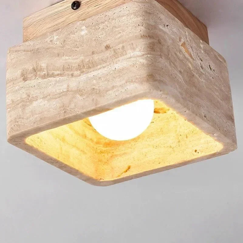 Travertin Plafondlamp Vierkant – Hout & Steen LED E27 Japanse Stijl