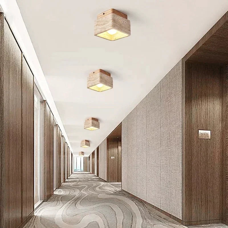 Travertin Plafondlamp Vierkant – Hout & Steen LED E27 Japanse Stijl