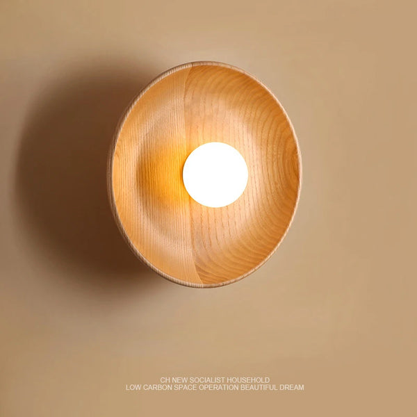 Japanse Houten Wandlamp – Ronde LED Sconce Slaapkamer/Woonkamer