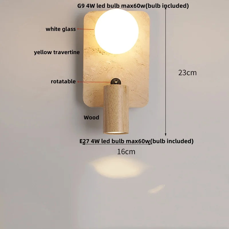 Travertin Wandlamp – Wabi-Sabi LED Natuursteen Bedlamp