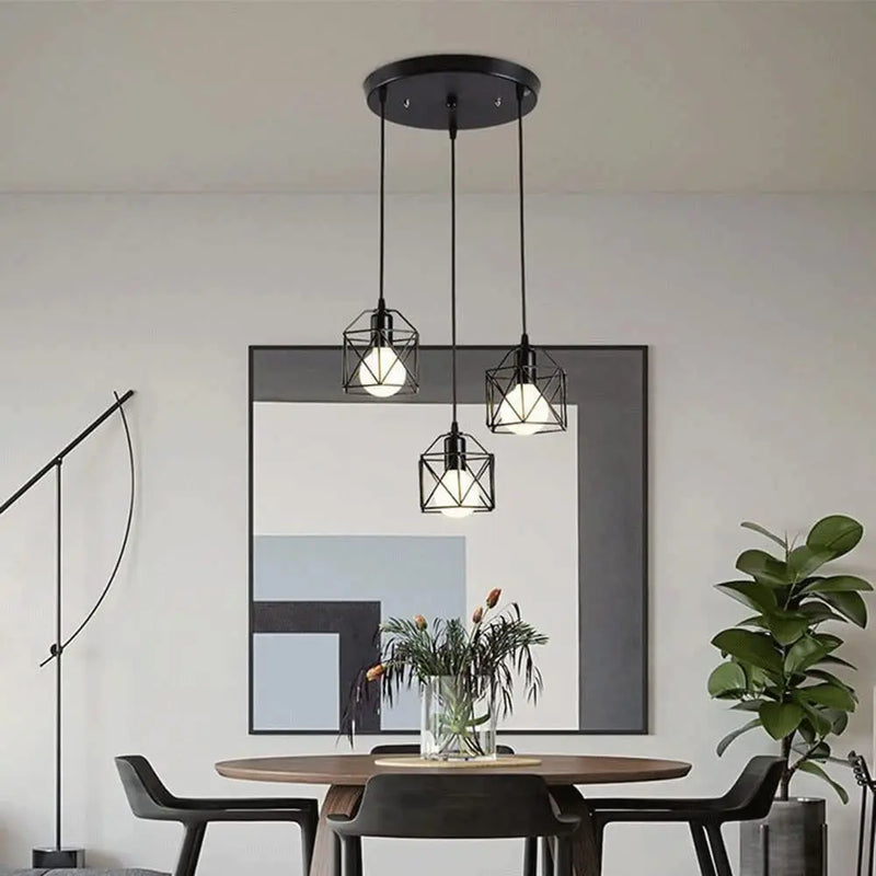 Vintage Hanglamp Zwart Metaal – 3-lichts Plafondlamp E27