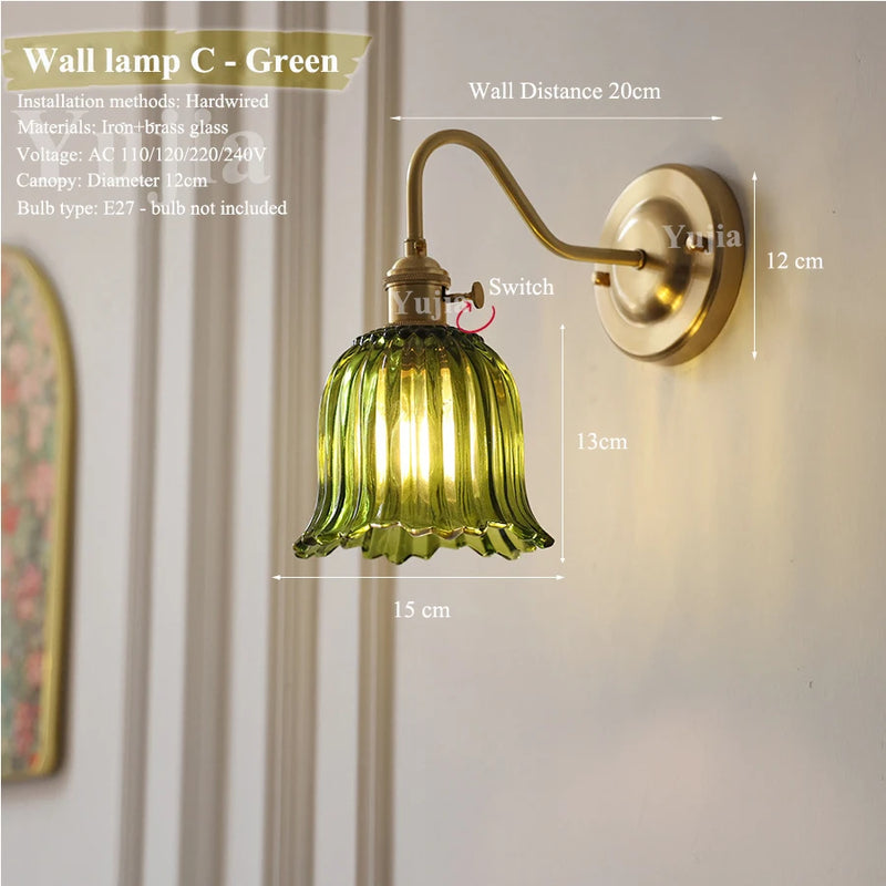 Japanse Retro Bloem Glazen Wandlamp E27 LED Bedlamp Modern Nordic