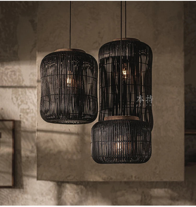 Japanse Rieten Hanglamp Wabi-Sabi Handgeweven E27 Voor Woonkamer