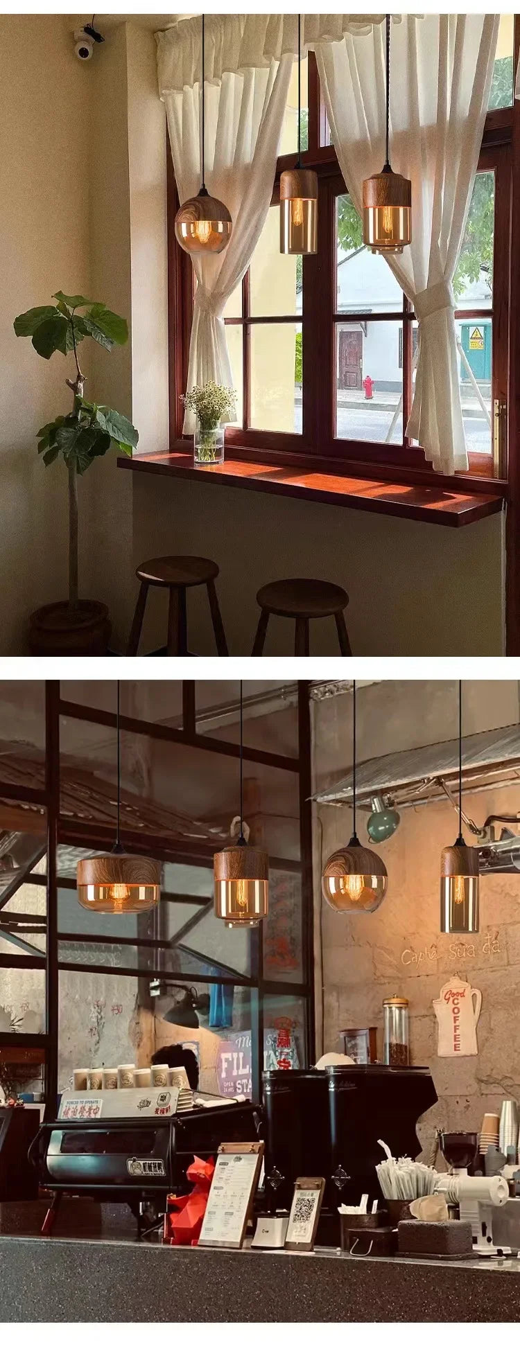 Nordic LED Hanglamp Glas & Hout – Moderne Plafondlamp E27