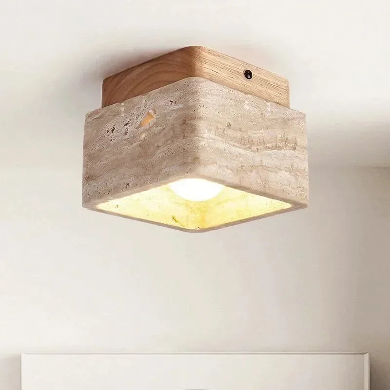 Travertin Plafondlamp Vierkant – Hout & Steen LED E27 Japanse Stijl