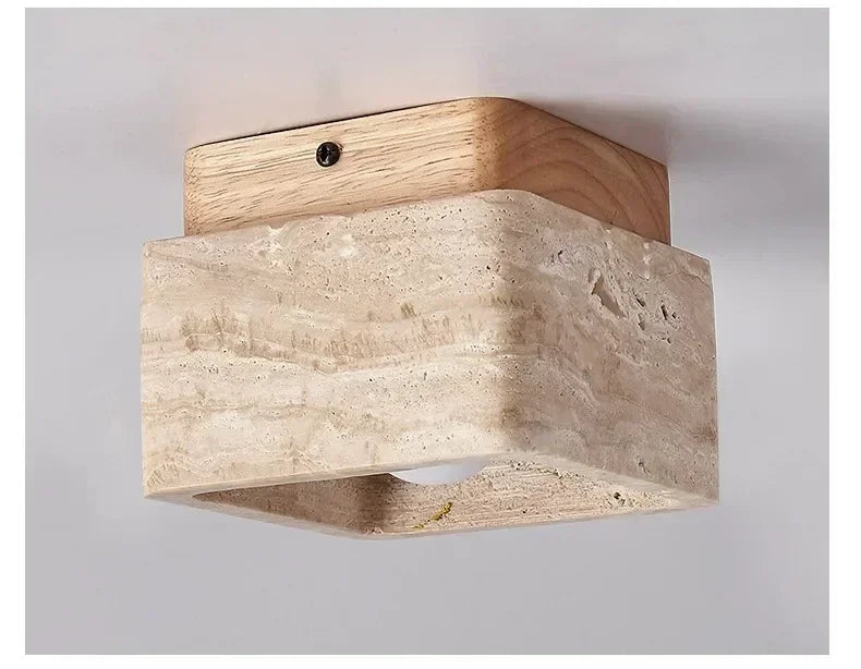 Travertin Plafondlamp Vierkant – Hout & Steen LED E27 Japanse Stijl