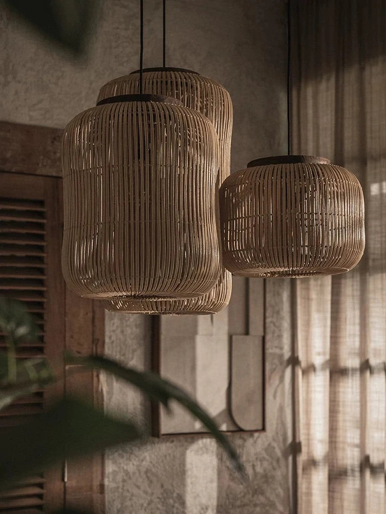 Japanse Rieten Hanglamp Wabi-Sabi Handgeweven E27 Voor Woonkamer