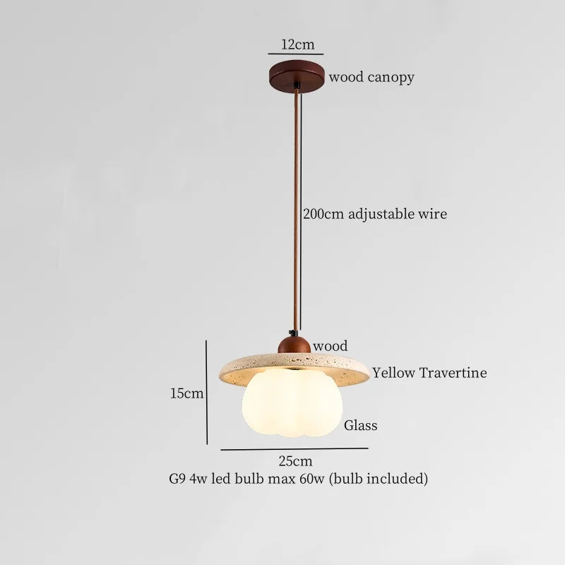Mid Century LED Hanglamp Hout & Geel Travertijn – Modern Design