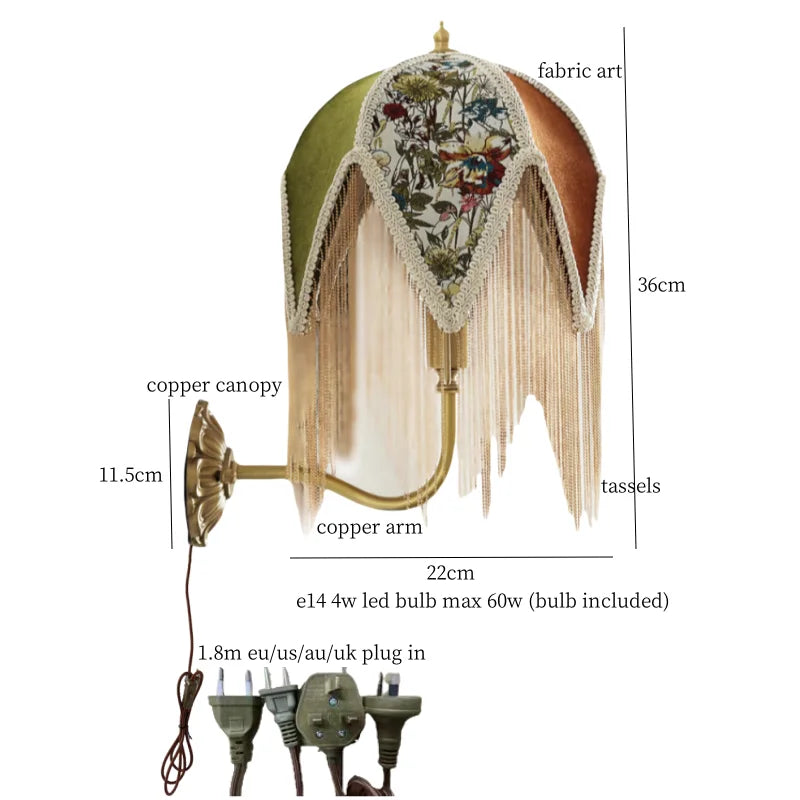 Vintage LED Wandlamp met Stoffen Kwast – Bedlamp Koperen Arm
