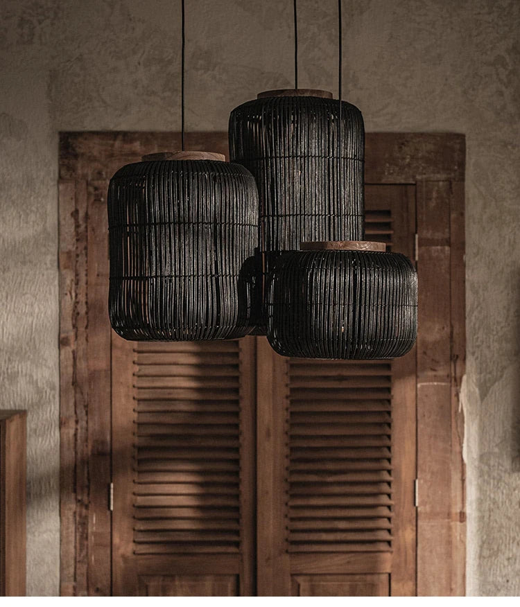 Japanse Rieten Hanglamp Wabi-Sabi Handgeweven E27 Voor Woonkamer