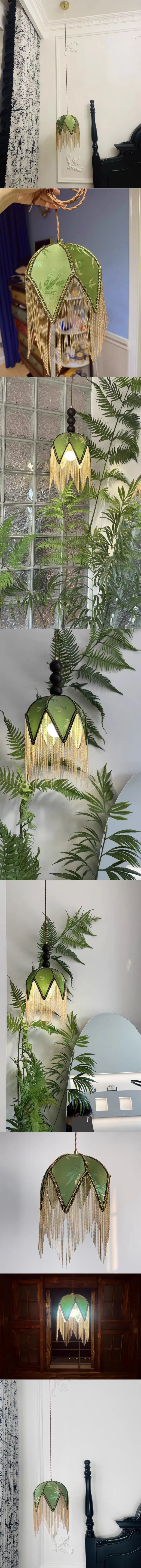 LED Hanglamp Groen/Geel Stof & Goud IJzer – Vintage Plafondlamp