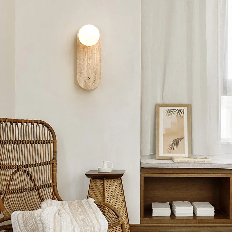 Travertin Wandlamp met Glazen Bol – Natuursteen G9 LED Sconce
