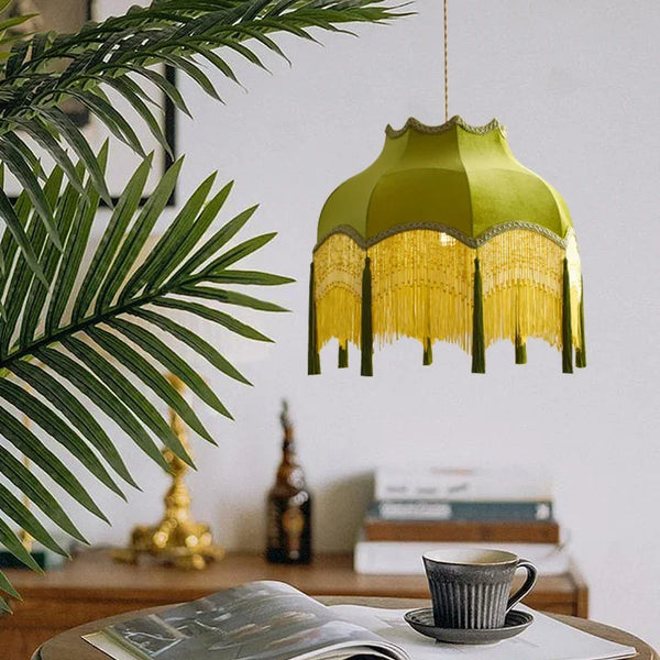 French Retro LED Hanglamp Groen – Koperen Stoffen Kwast Chandelier